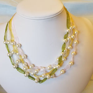 NWT Handmade 4-Strand Necklace Pink Green18"